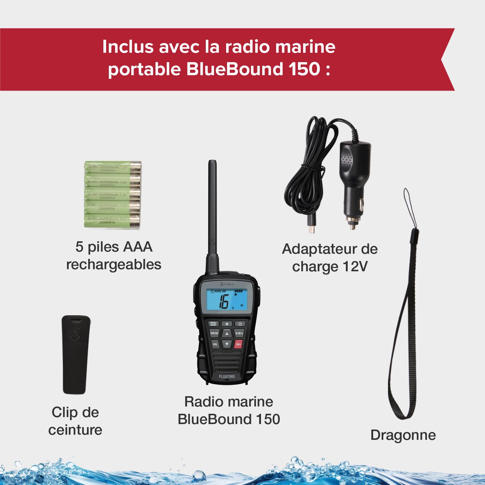 Cobra BlueBound 150 Radio VHF Marine Portable – 3 Watt, Flottant, IPX7, Submersible, Écran LCD, Clip Ceinture, Noir, 1 Pièce