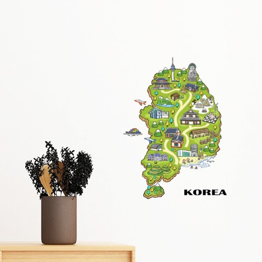 Sticker Mural Corée du Sud Carte de Voyage Déco Amovible Idéal Salon Chambre