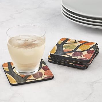 Pimpernel Dancing Branches Coasters, Set of 6 4 Square Cork-Backed Board with Artistic Print, Heat & Stain Resistant to 212F, Lacquered Finish Table Protectors Designed in England