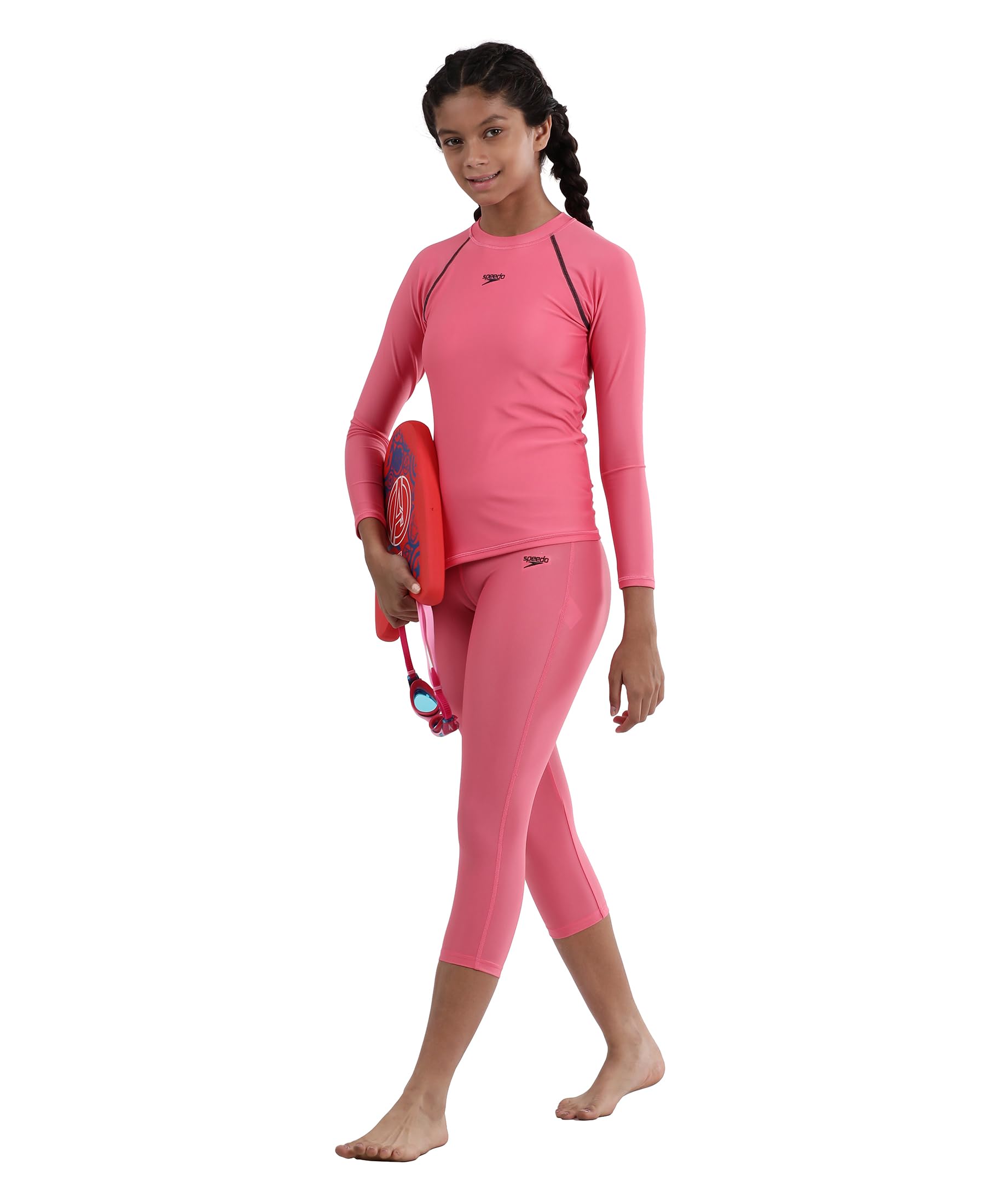 Speedo Girl's Recycled Endura Brite High Chlorine Resistant UPF 40+ Sun Protection Active Capri - Fadango Pink & Black 3