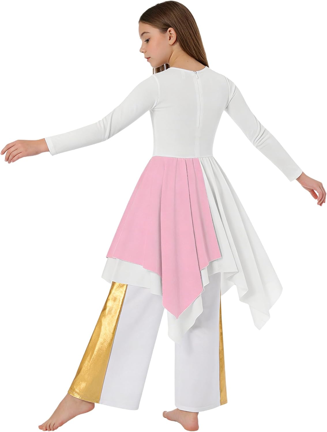 Girls Glitter Praise Dance Tunic Dress with Palazzo Pants | Metallic Long Sleeve Liturgical Worship Dance Dress,asymmetrical skirt with back zipper church choir baptism costume