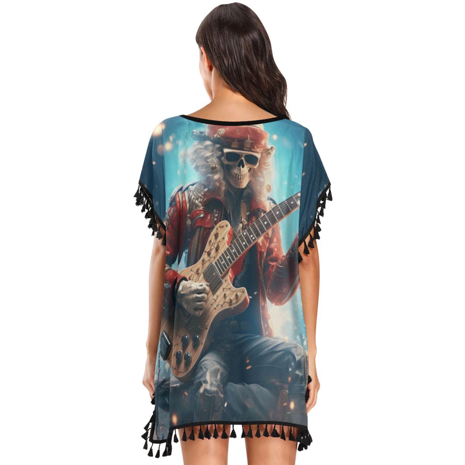 KAAVIYO Christmas Cool Skull Women's Beach Cover Up Chiffon Tassel Swimwear Swimsuit Coverups for Girl