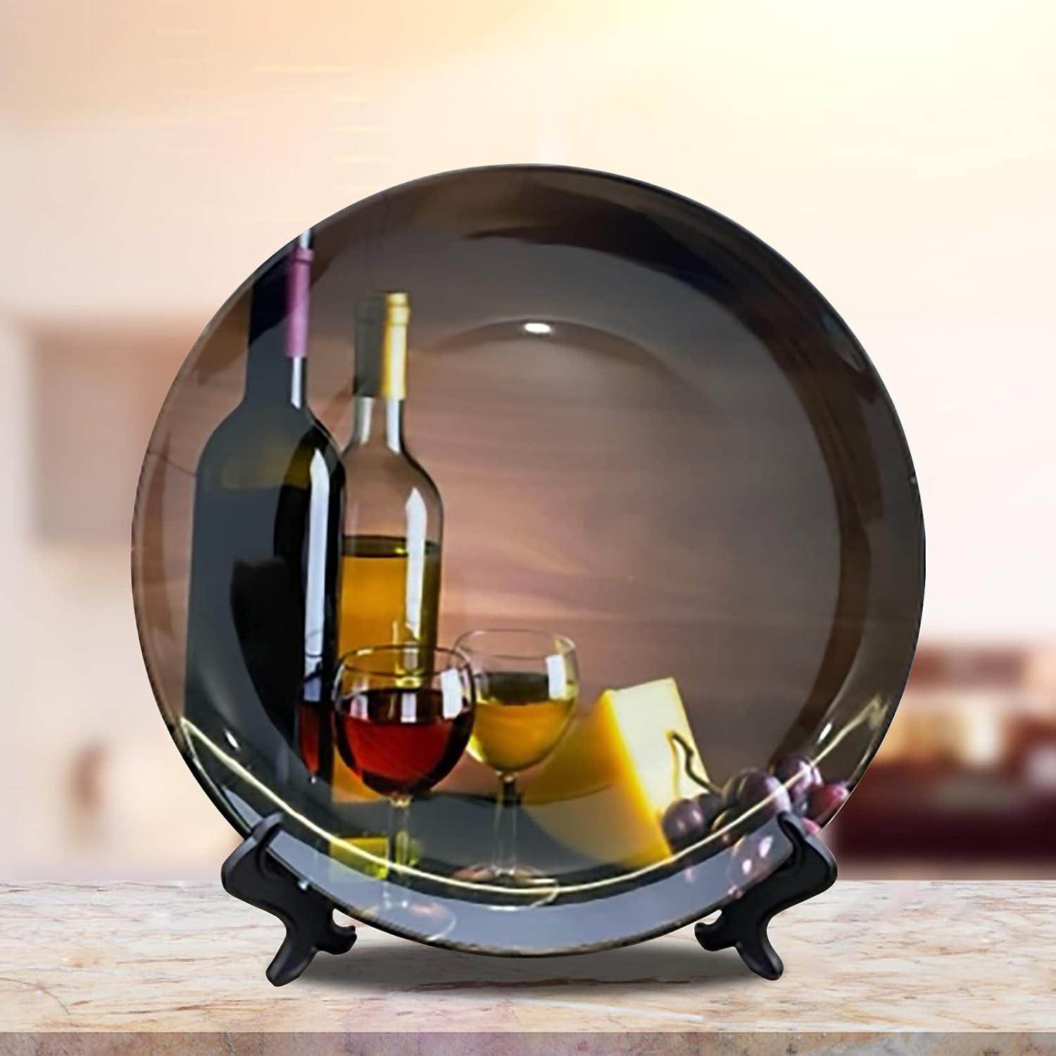 ALALAL 10'' Ceramic Decorative Plates Wine Bottle Grape Print Decorative Plate with Display Stand for Kitchen Dining Room Wine Cabinet Home Décor Art Decoration 10 inch