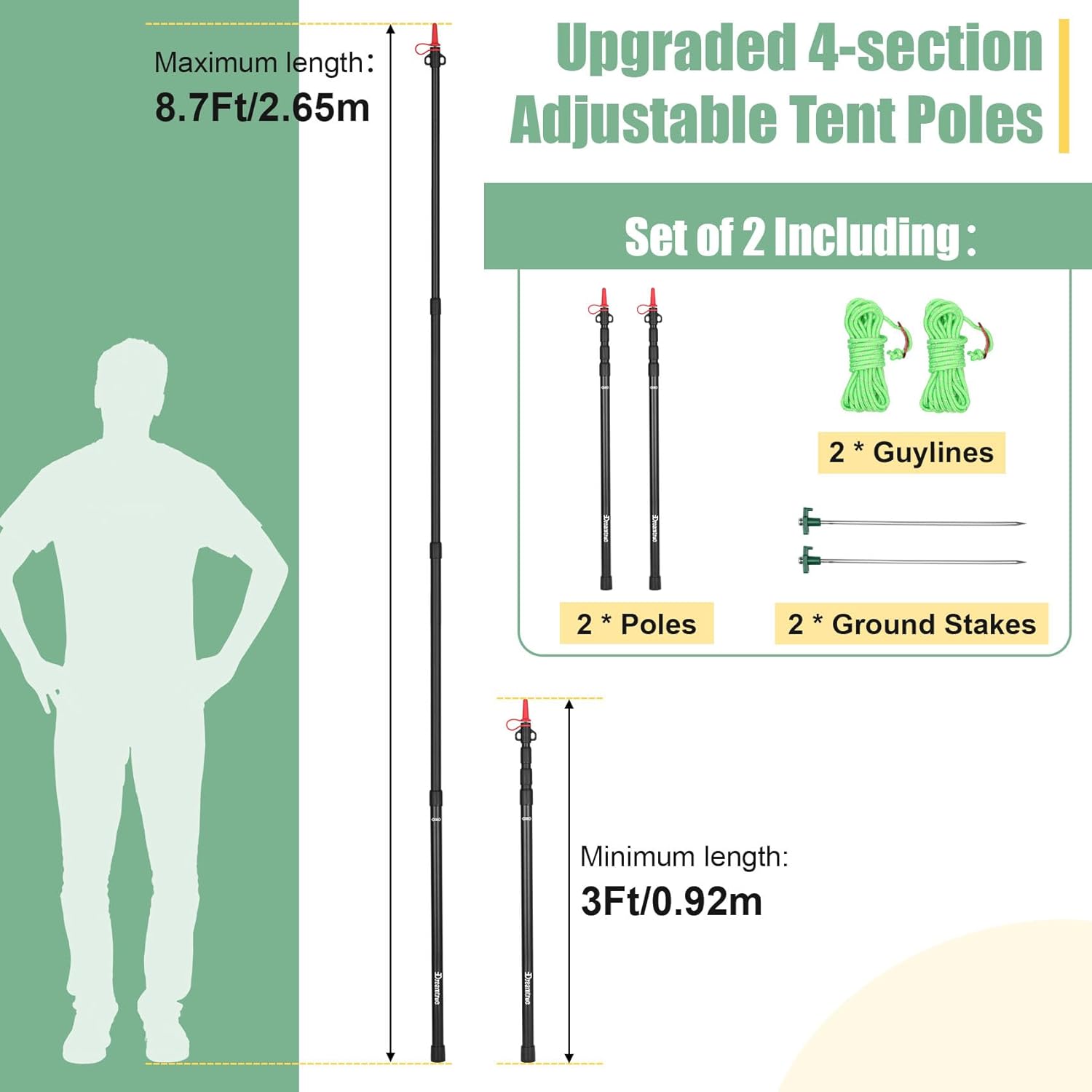 Dreamtrue Tarp Poles Telescoping, Upgraded 4-Section Adjustable Tent Poles, Heavy Duty Aluminum 8.7Ft Length Shade Sail Poles, Canopy Awning Support Poles Set Sun Shade Cloth Poles(Black-2pcs)
