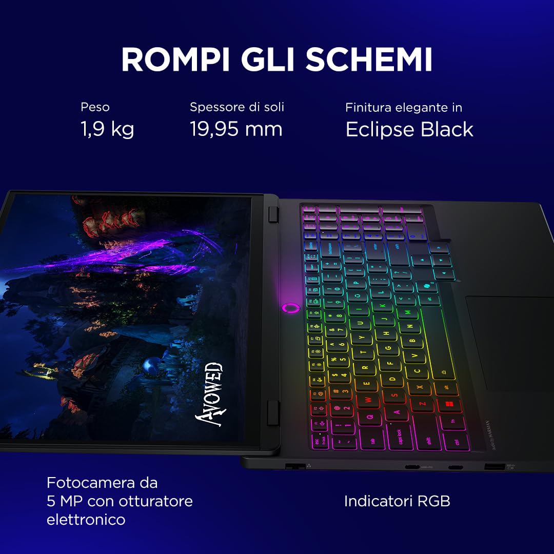 Lenovo Legion 5 Gaming Notebook OLED WQXGA 15" 165Hz, NVIDIA GeForce RTX 5070 8GB, Intel Core Ultra 9 275HX, RAM 32GB, SSD 1TB, Windows 11 Home, Tastiera RGB - Laptop Gaming Alte Prestazioni