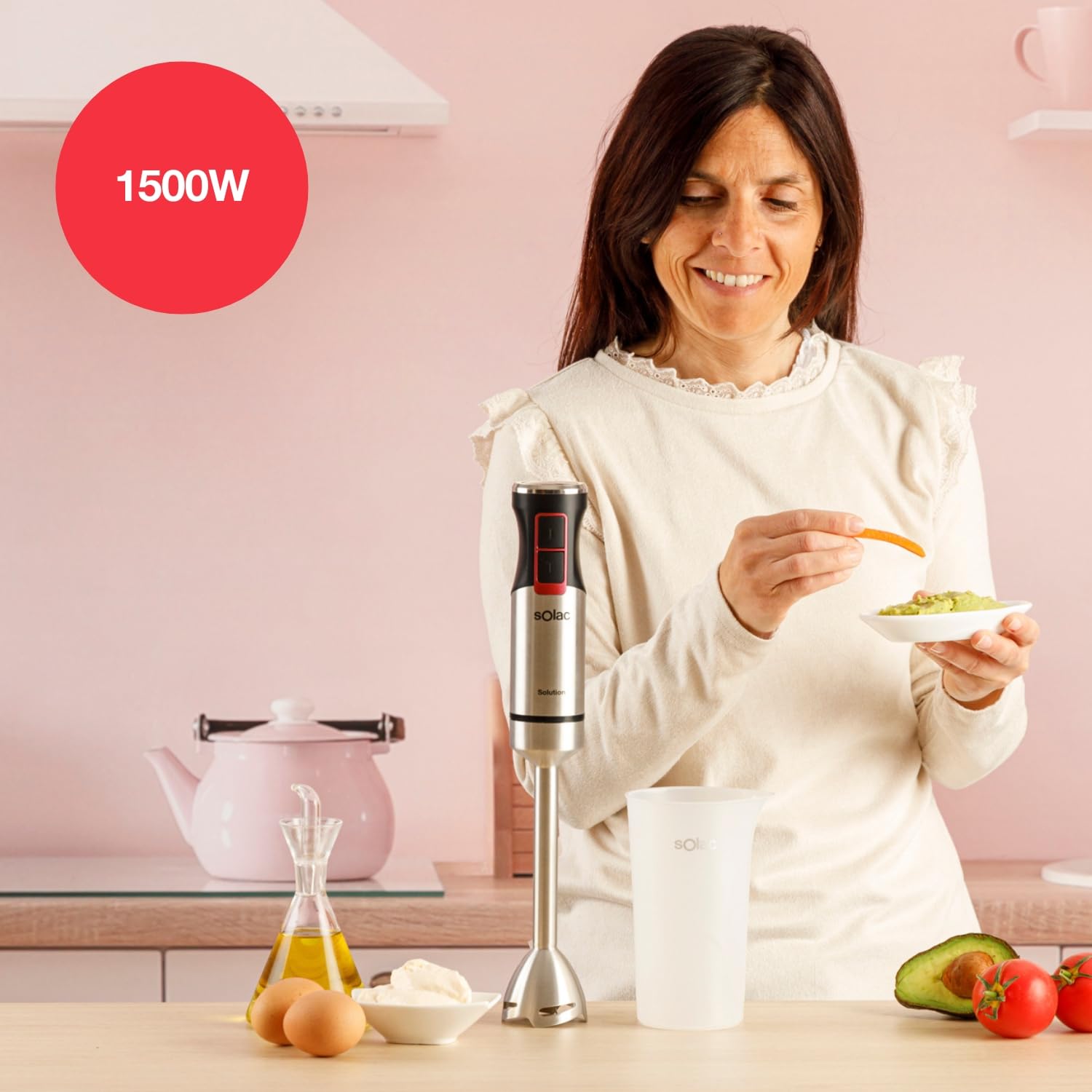 Solac Solution – Batidora de Mano 1503, 1500W, Velocidad Ajustable + Turbo, 4 Cuchillas Inox, Varilla Inox, Vaso Medidor 700ml, Ergonómica, Antisalpicaduras, Desmontable, Apta Lavavajillas