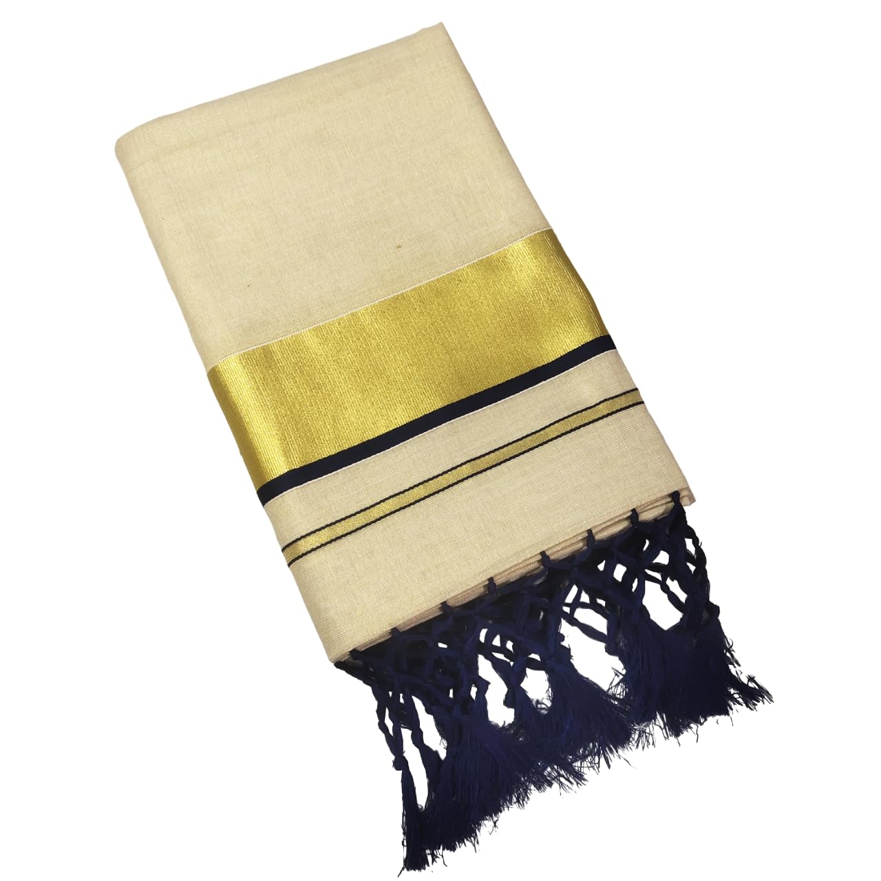 TEXATION Women's Kerala Kasavu Golden Tissue Saree With Running Blouse (Saree 5.5 meter, Blouse 0.8 meter)