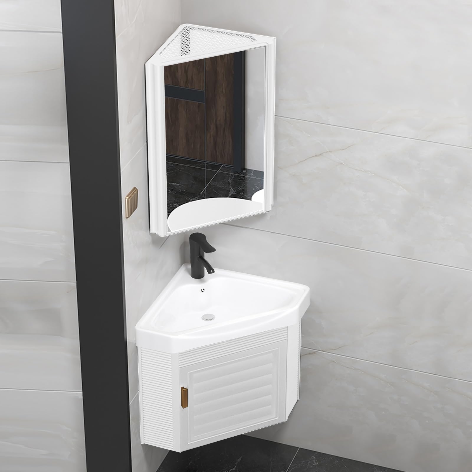 DFGHNBVC Wall Mount Ceramic Vessel Sink, Corner Bathroom Basin With Cabinet Set, Space-Saving Solution For Bathrooms And Laundry Rooms,White-43Cm/16.5In