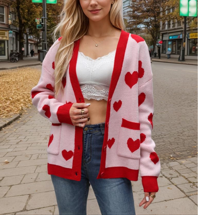 Women Cute Heart Oversized Cardigan Open Front Button Down Love Print Knit Sweater Y2k Kawaii Clothes - Image 7