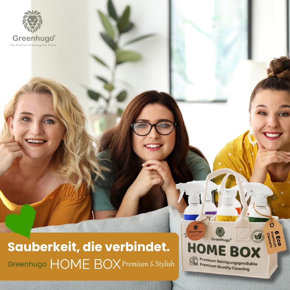 Home Box – Juego de limpieza premium, 6 piezas, ecológico y vegano, uso general, detergente, limpiador de baño y inodoro, limpiador de cristales, limpiador de suelos, aceite perfumado para