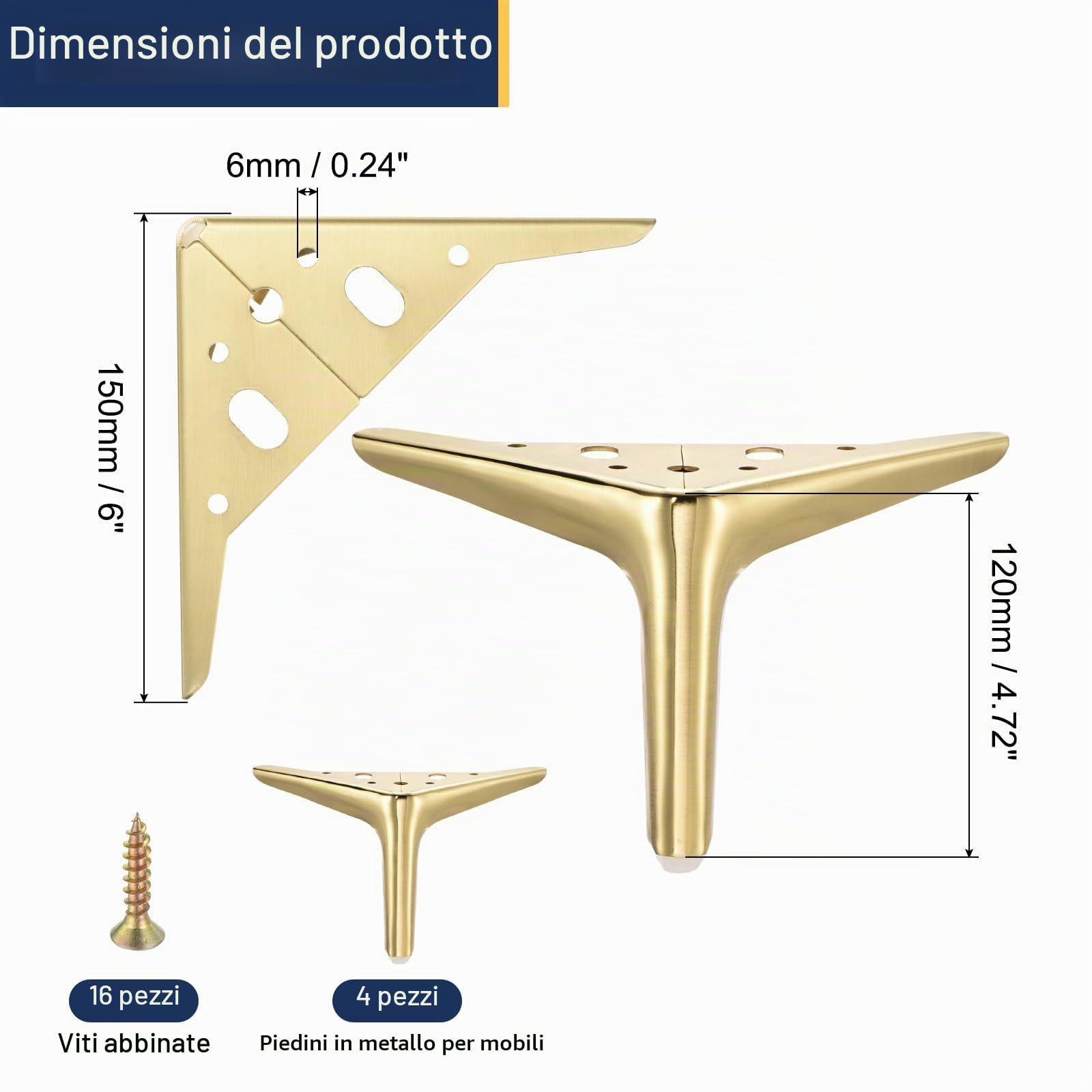QUARKZMAN 4Pcs Gambe In Metallo Per Mobili, 4.72 Pollici Piedi Per Mobili Triangolari Resistente Per Letto, Tavolo, Armadio, Sedia Divano (Oro Spazzolato)