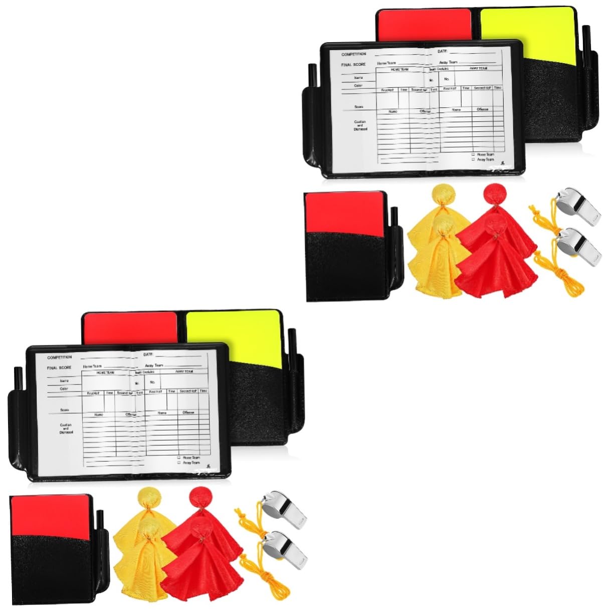 UKCOCO 2 Set Calcio con Cartellini e Gialla Bandierine e Fischietti per Partite Kit e Suono Resistente e Versatile