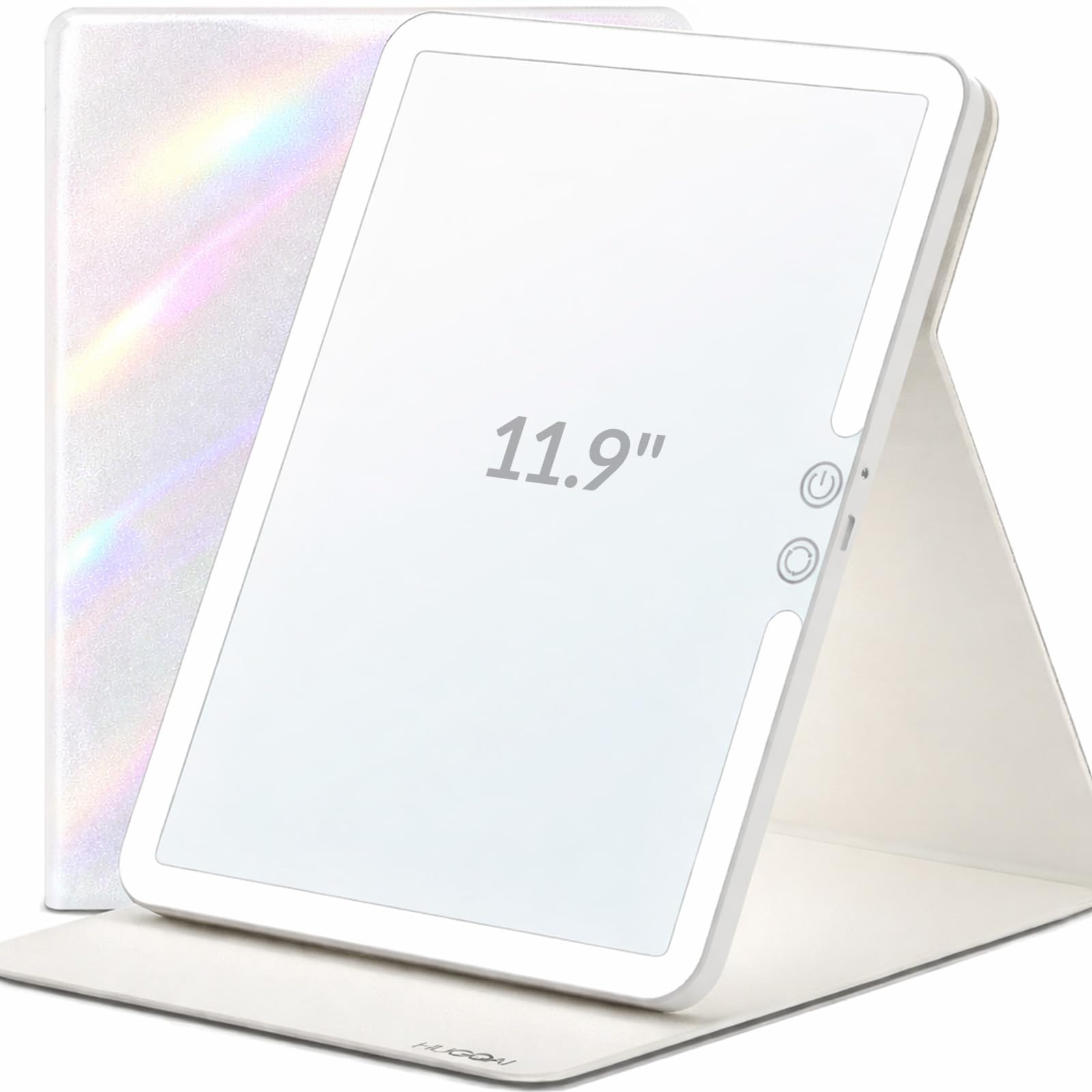 Travel Makeup Mirror with Lights, Lighted Vanity Mirror, 11.9", Iridescent Pearl White Leather