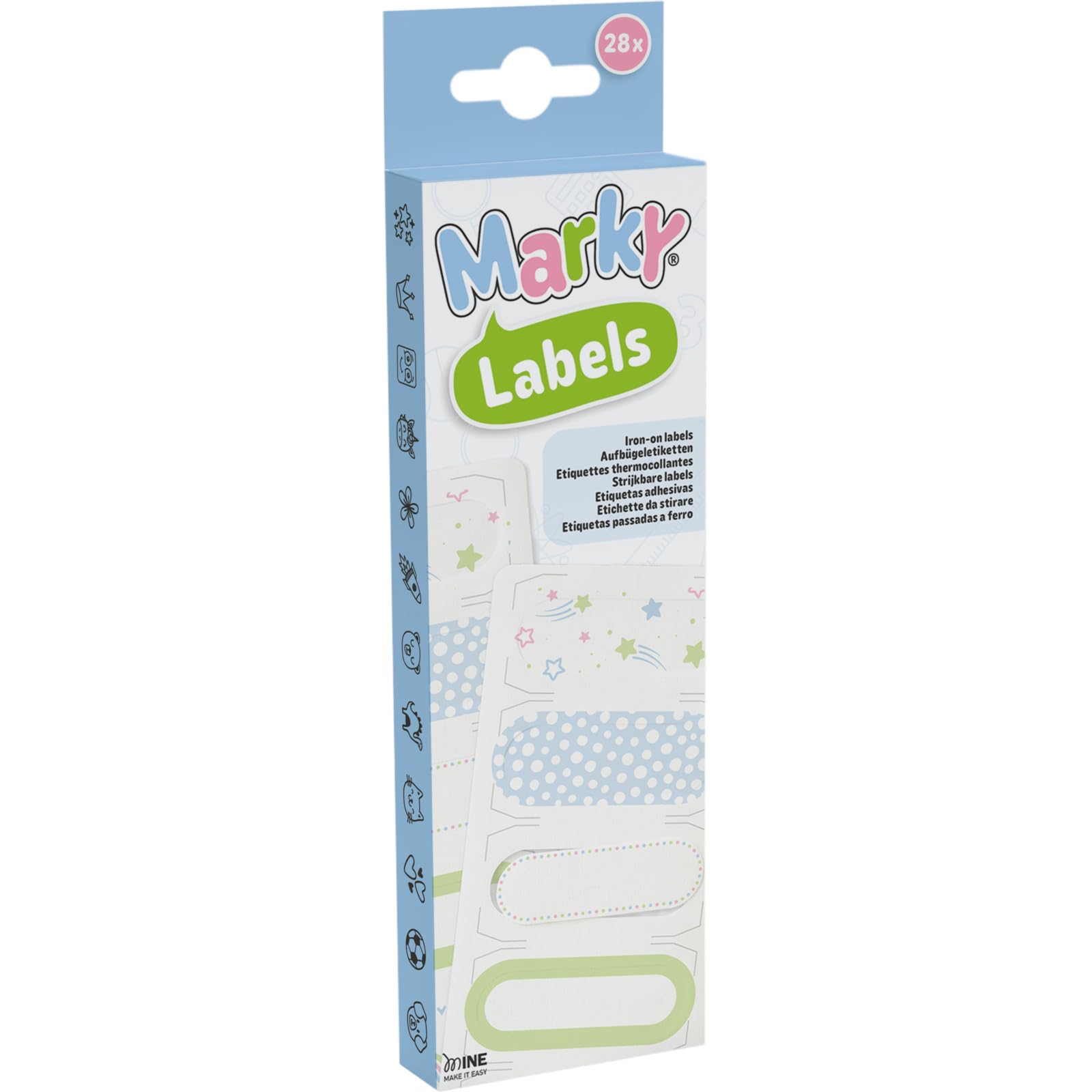 MARKY C169589 Iron-On Labels Set for Labelling and Labelling Clothes, 28 Pieces Iron-on Labels, 7 Designs Each