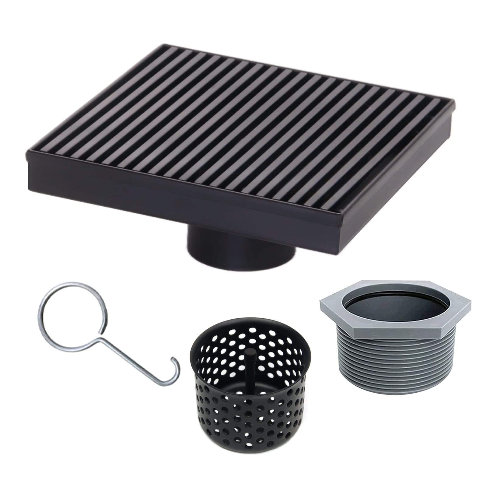Sharpeye 6 Inch Square Shower Drain with Removable Wedge Wire Pattern Grate, Matte Black 304 Stainless Steel Square Shower Floor Drain for Bathroom, CUPC Certified, with Hair Strainer