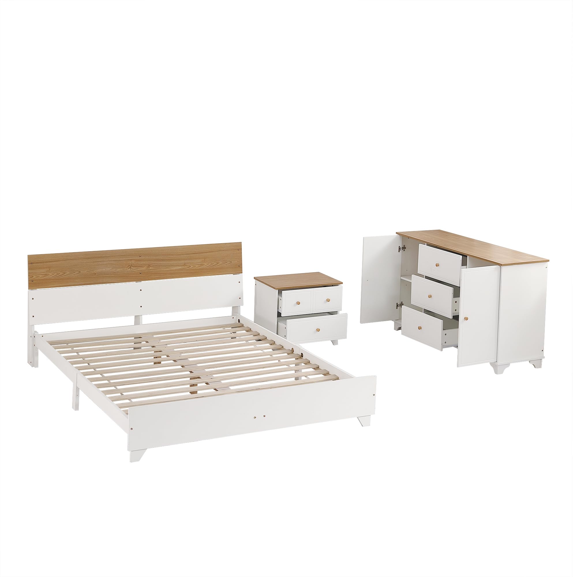 I0I&I0I Juego de dormitorio 3 piezas: cama doble 160 x 200 cm + mesita de noche con 2 cajones + cómoda con 3 cajones y puertas (blanco y natural)