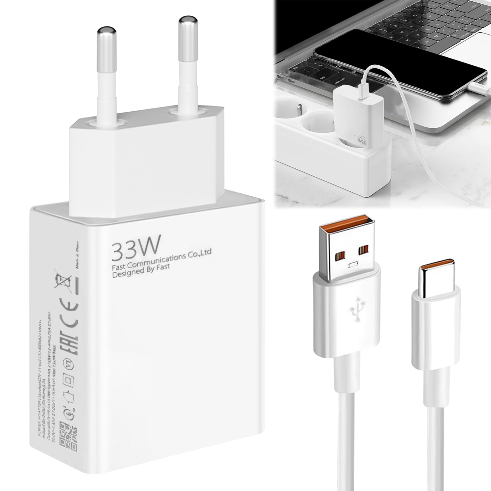 GSGFUIS - Cargador rápido de 33 W, cargador y cable USB C 2M 6A Turbo, tipo C adaptador de corriente para 11 Lite / 10T Pro / 10T / Note 13 5G / 12S / 11 / 11S / 10 Pro etc