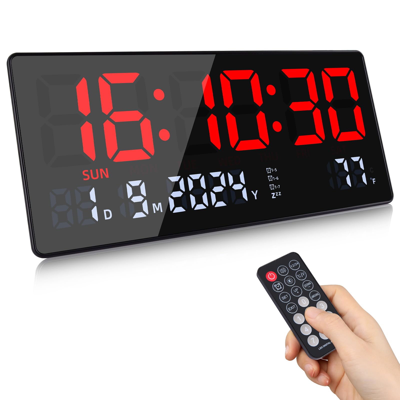 Fuloon Reloj de Pared Digital, 15,5" Grande Reloj Despertador Digital con Calendario, Segundos, Temperatura, Fecha, Semana, Reloj de Mesa Digital con Soporte para Salón Cocina Oficina