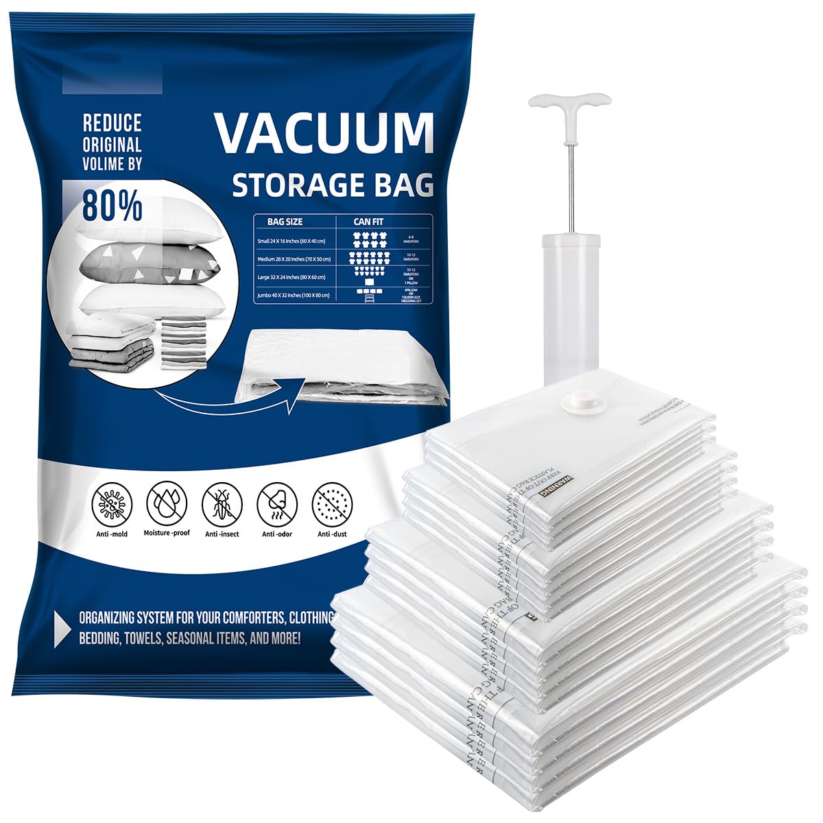 UrbanEssentiaVacuum Storage Bags, Pack of 15 (4 Jumbo 4 Large 4 Medium 3 Small) with Free Hand Pump, Reusable Space Saver Compression Bags for Travel, Ideal for Clothes, Bedding, Duvets, Blankets.
