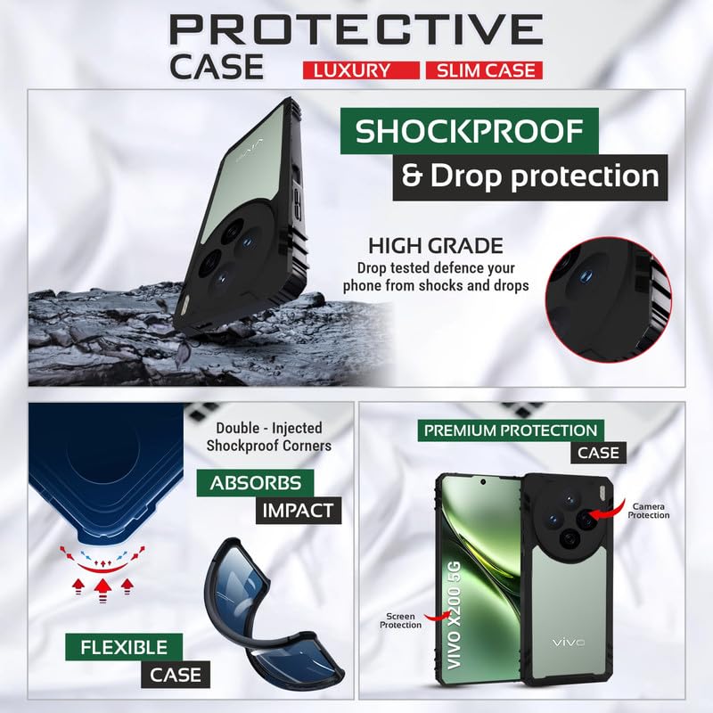 Image of AIBEX Crystal Clear Back Cover Case for Vivo X200 5G| 360 Degree Protection | Shock Proof Design | Transparent Back Case for Vivo X200 5G (PC & TPU, Black Bumper)