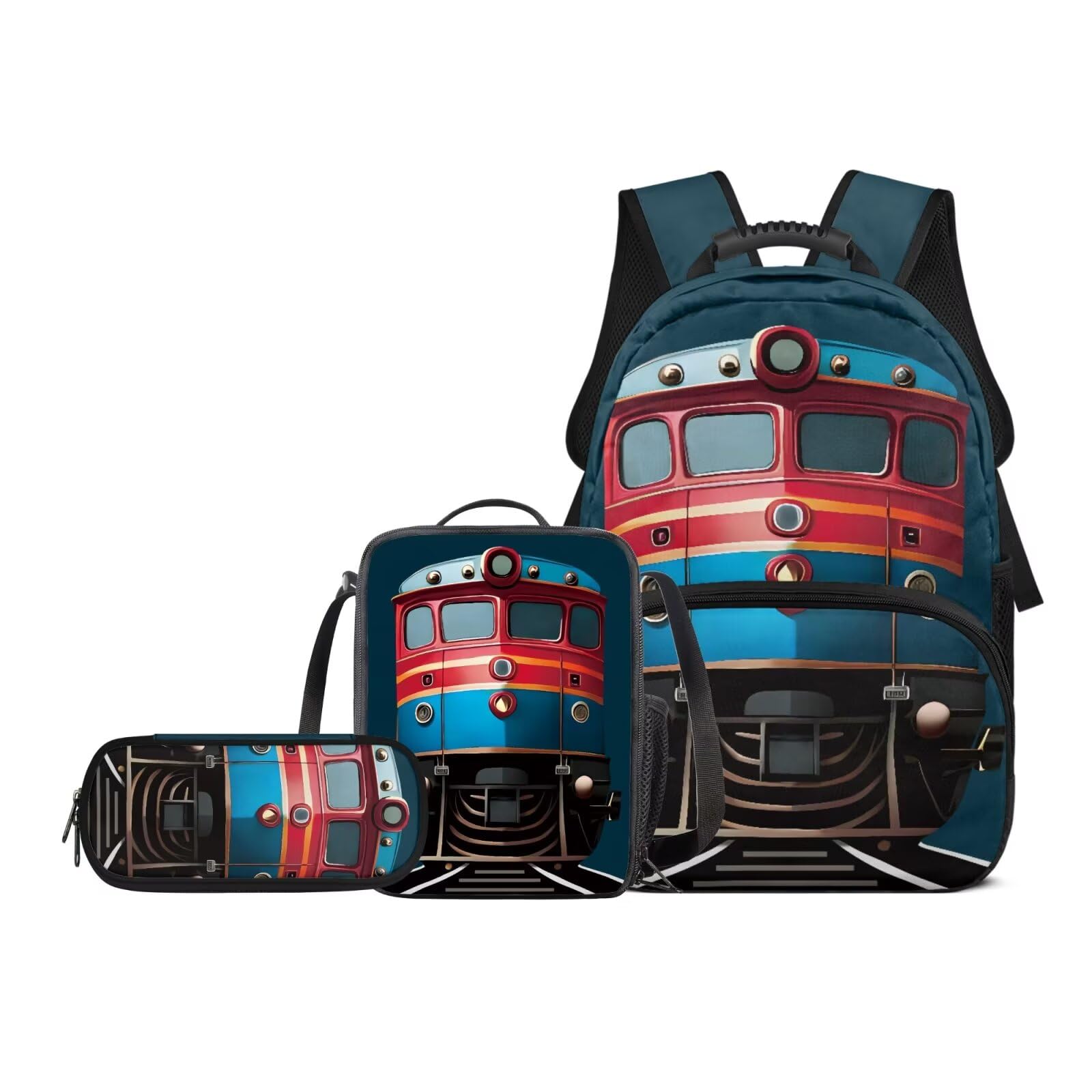 LJMKZJN 3 Pieces Cartoon Car Backpack Set for Teen Kid Full Prints Bookbag Set with Lunch Box and Pencil Case Laptop Daypack for Travel College Casual Hiking Trip Bag