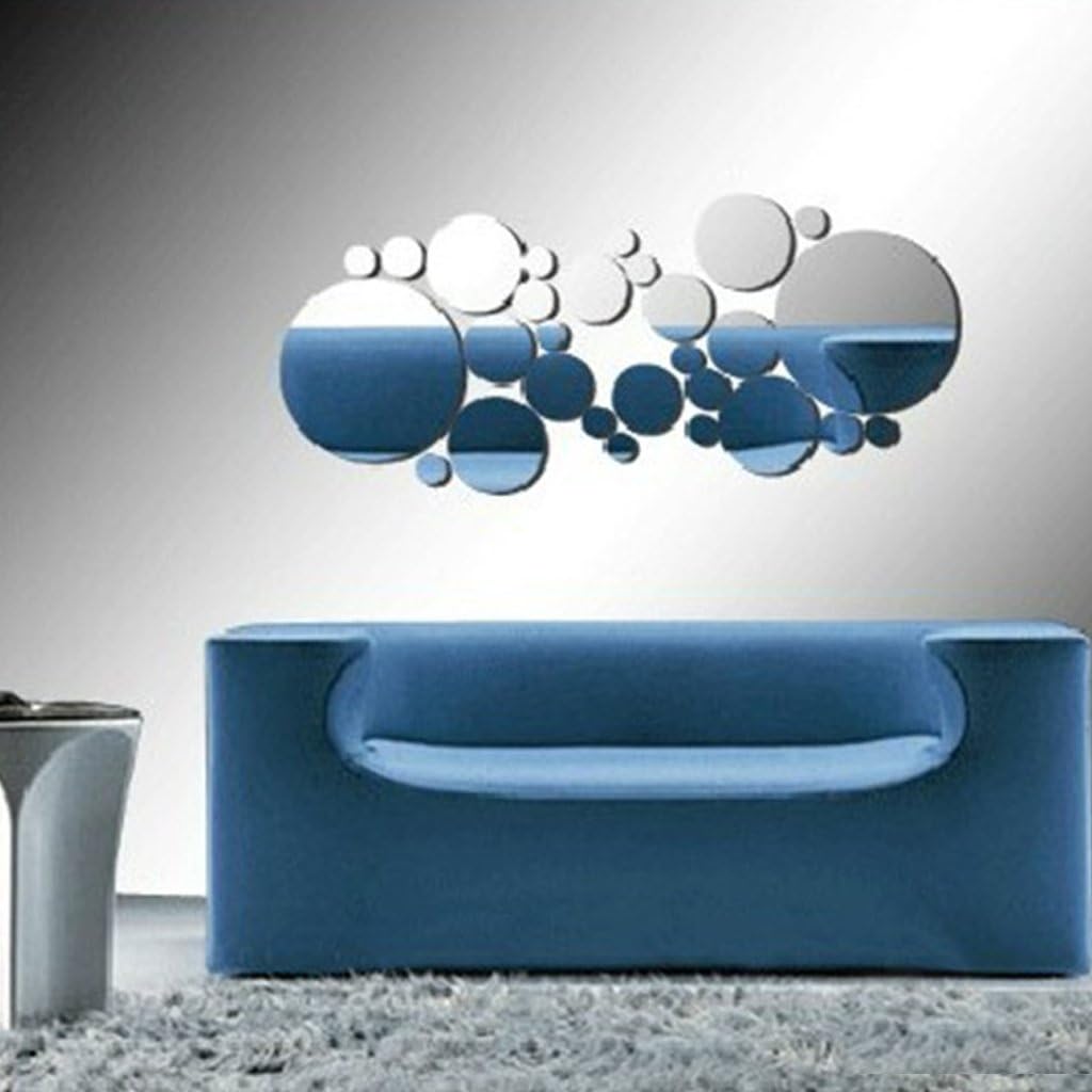 SODIAL(R) 30 pcs Filled Circle Mirror Style Removable Decal Wall Sticker Home Decor Sliver