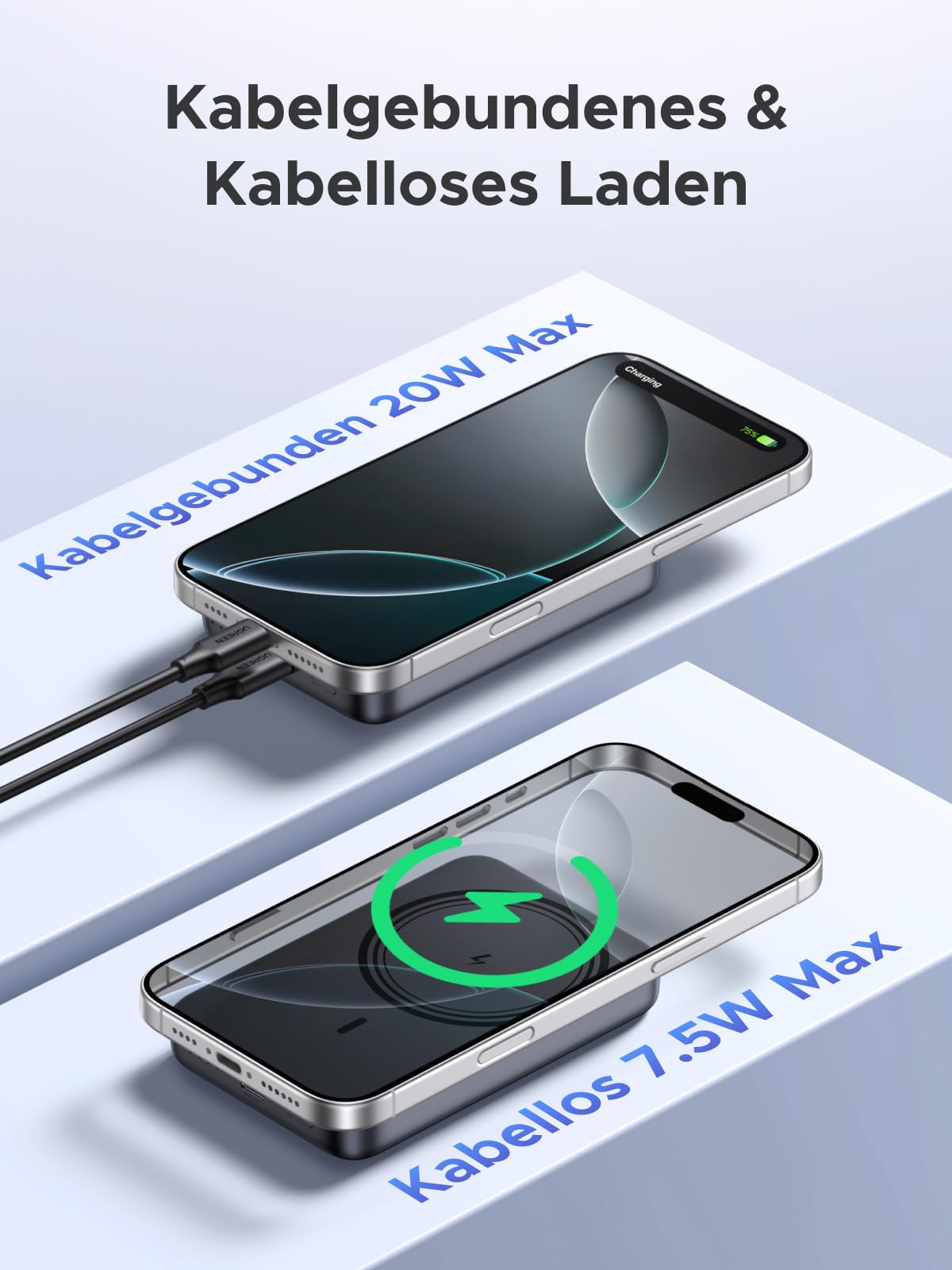 UGREEN Zapix Wireless Powerbank 10000mAh Magnetische Power Bank mit USB-C 20W, kabellose Externe powerbank MagSafe kompatibel mit iPhone 17 Pro Max/17 Pro/16/15 Pro Max/Pro/14/13/12(Schwarz)