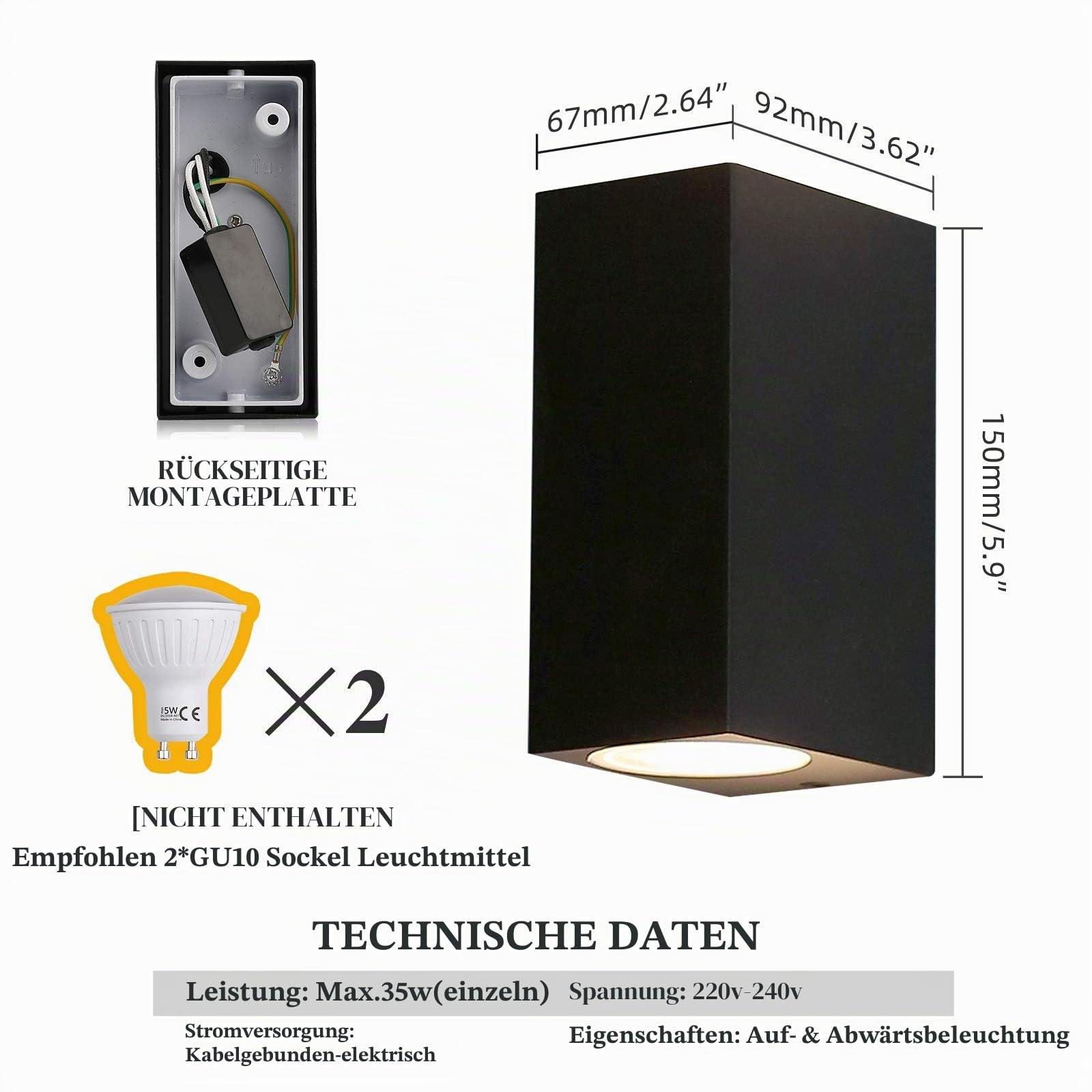 HLFVLITE Außenleuchte Wand GU10 Wandlampen 2 Stück Up and Down Leuchten Aussen Aluminium, IP44 Wasserdichte Wandleuchte Garten Terrasse