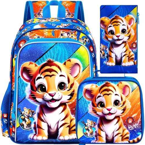 ZLYERT 3 mochilas para niños, mochilas escolares de tigre de 16 pulgadas con fiambrera, bolsa de libros para niños para jardín de infantes de primaria, preescolar (azul), Azul(Tiger BLUE), Talla