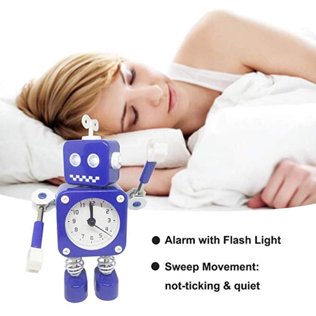 Diskary Roboter Wecker,Nicht tickende Wecker mit blinkenden Augen Lichtern und drehbarem Arm,Geschenk an Kinder (Blau)