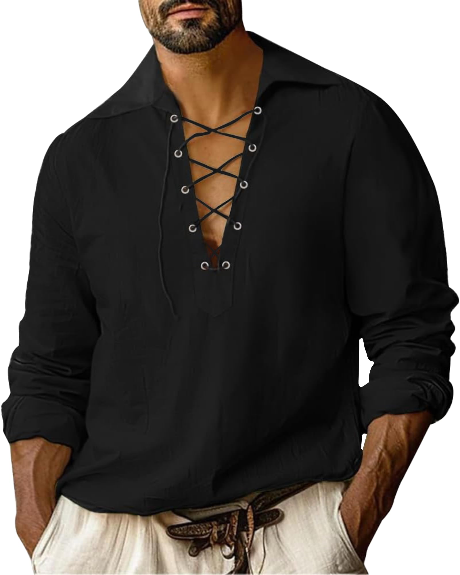 LVCBL Herren Mittelalter Hemd Viking Kostüm Leinenhemd Herren Langarm Piratenhemd M-3XL