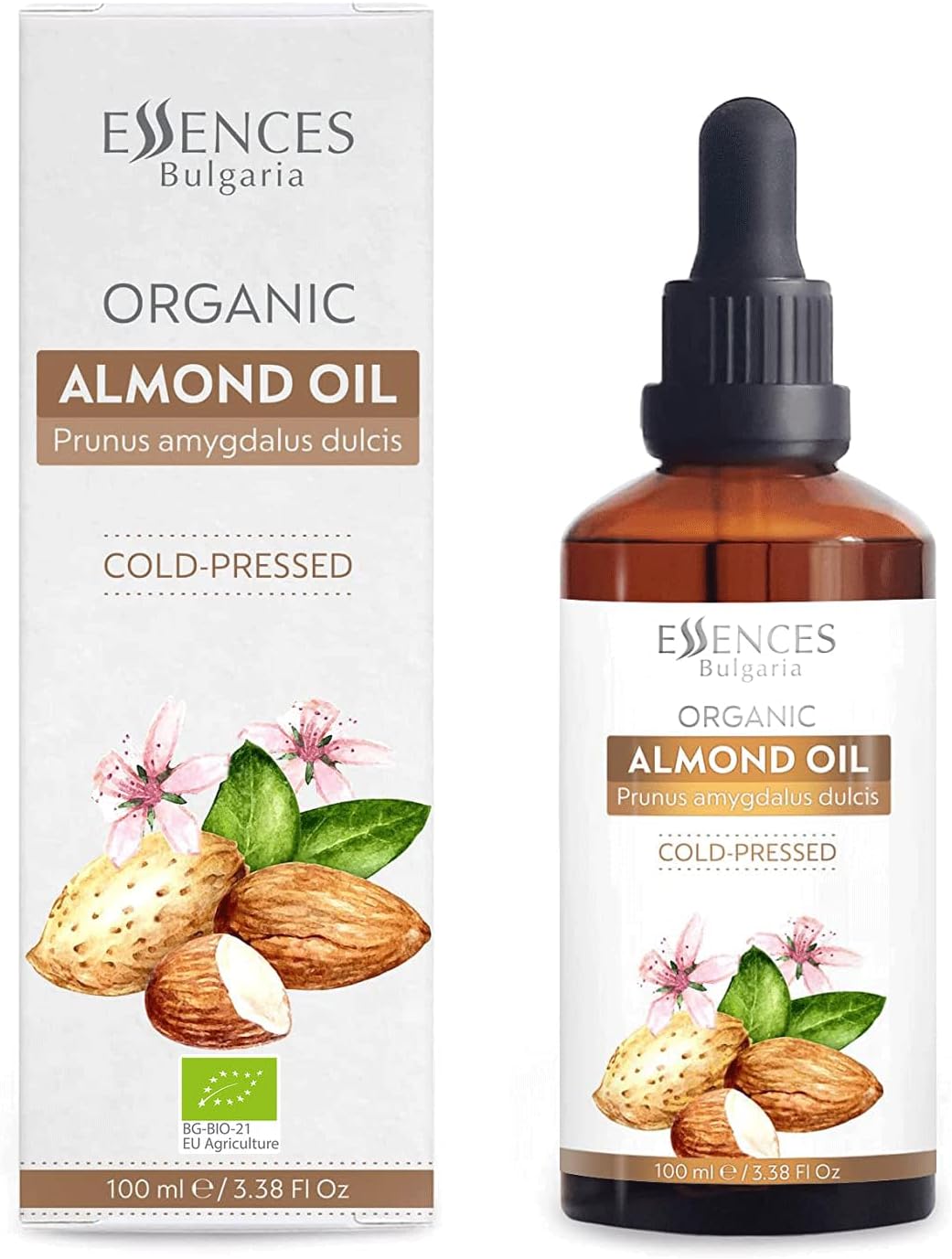 Essences Bulgaria Organic Almond Oil 3.4 Fl Oz | 100ml | 100% Natural Cold-Pressed | Therapeutic Quality | Family Owned Farm | Massage Base | Natural Moisturizer | Ideal Carrier