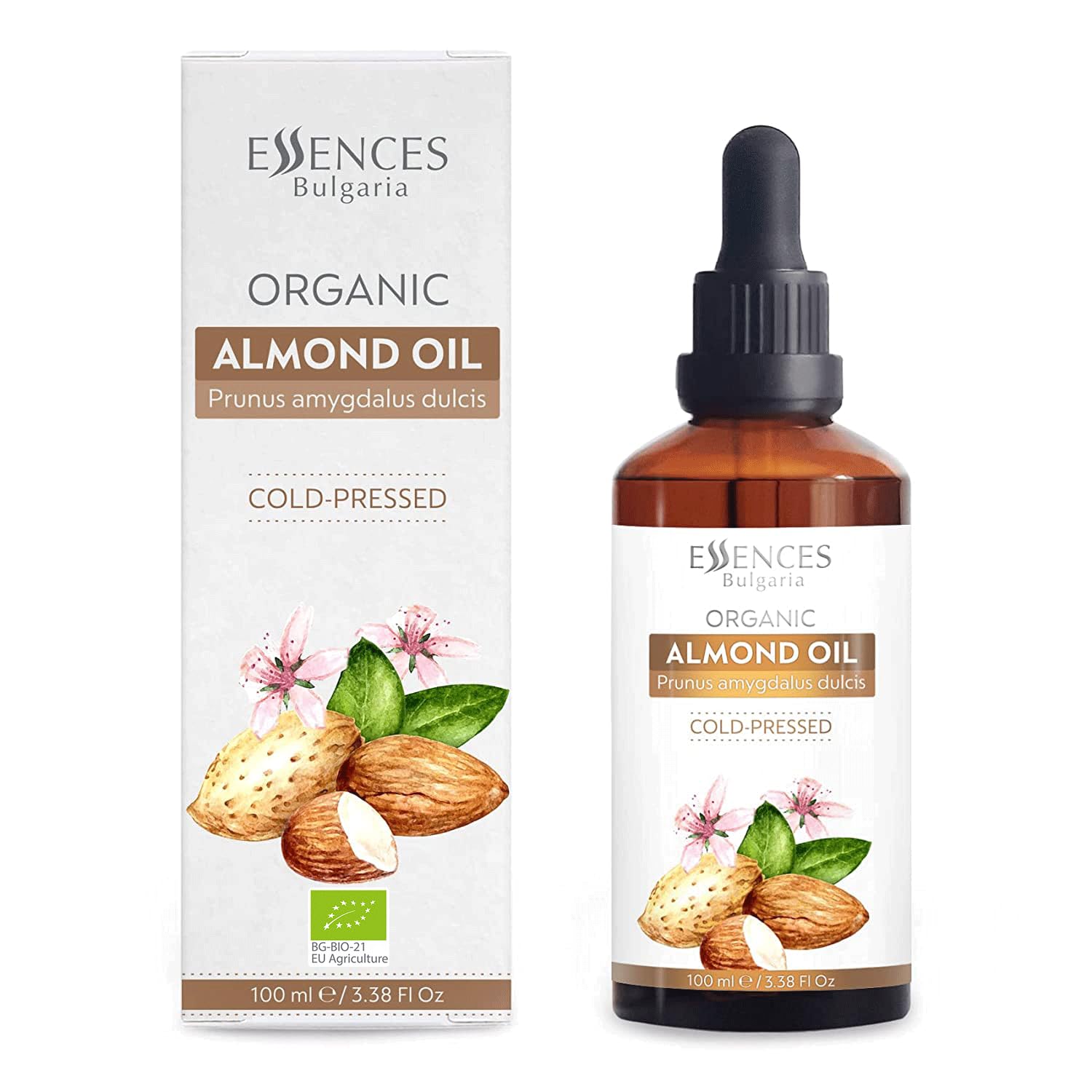 Essences Bulgaria Organic Almond Oil 3.4 Fl Oz | 100ml | 100% Natural Cold-Pressed | Therapeutic Quality | Family Owned Farm | Massage Base | Natural Moisturizer | Ideal Carrier