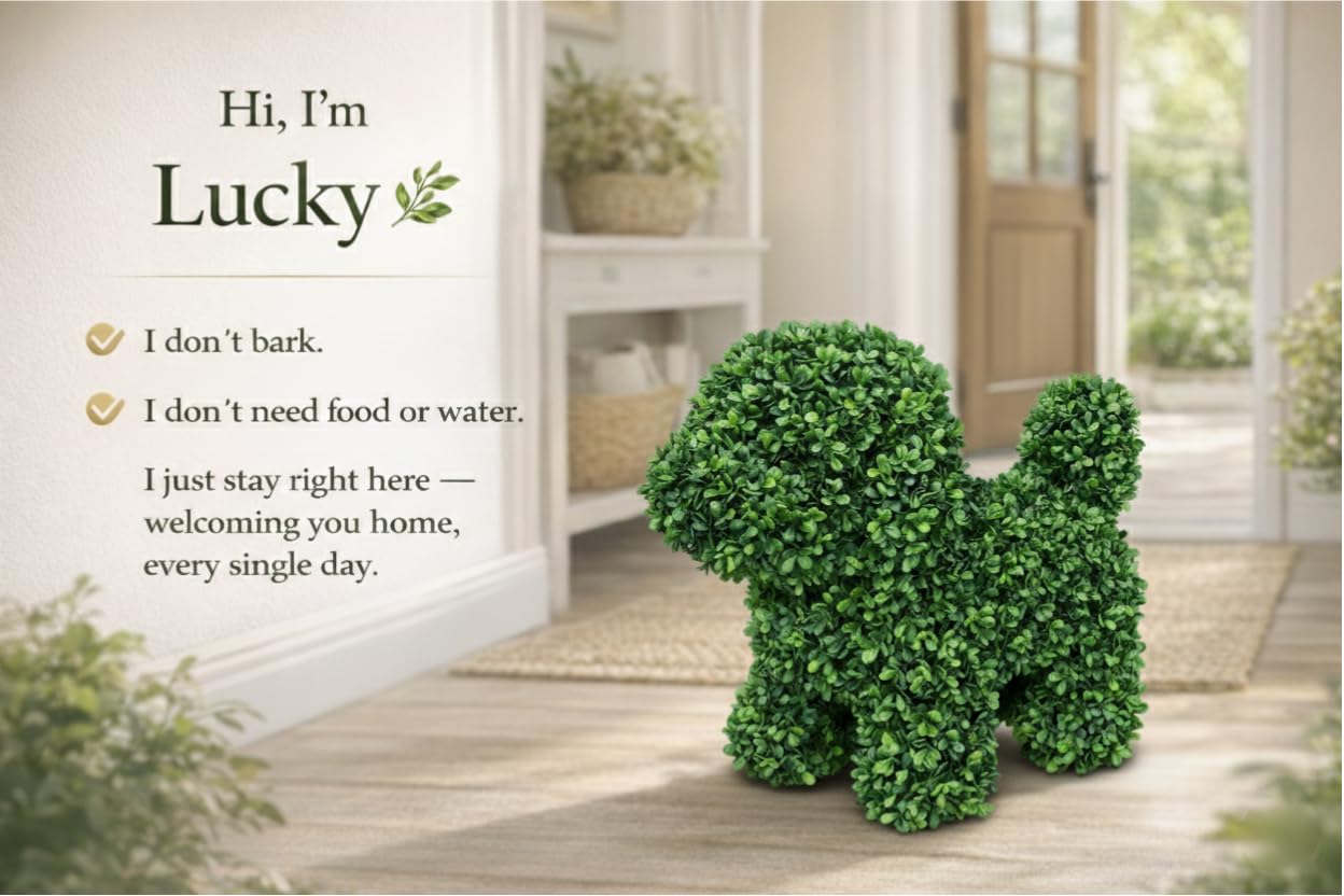 Condition photo showing New/Like New for enven artificial topiary dog lucky, faux boxwood puppy decor, uv resistant greenery animal sculpture, maintenance-free lifelike indoor outdoor garden statue (2)