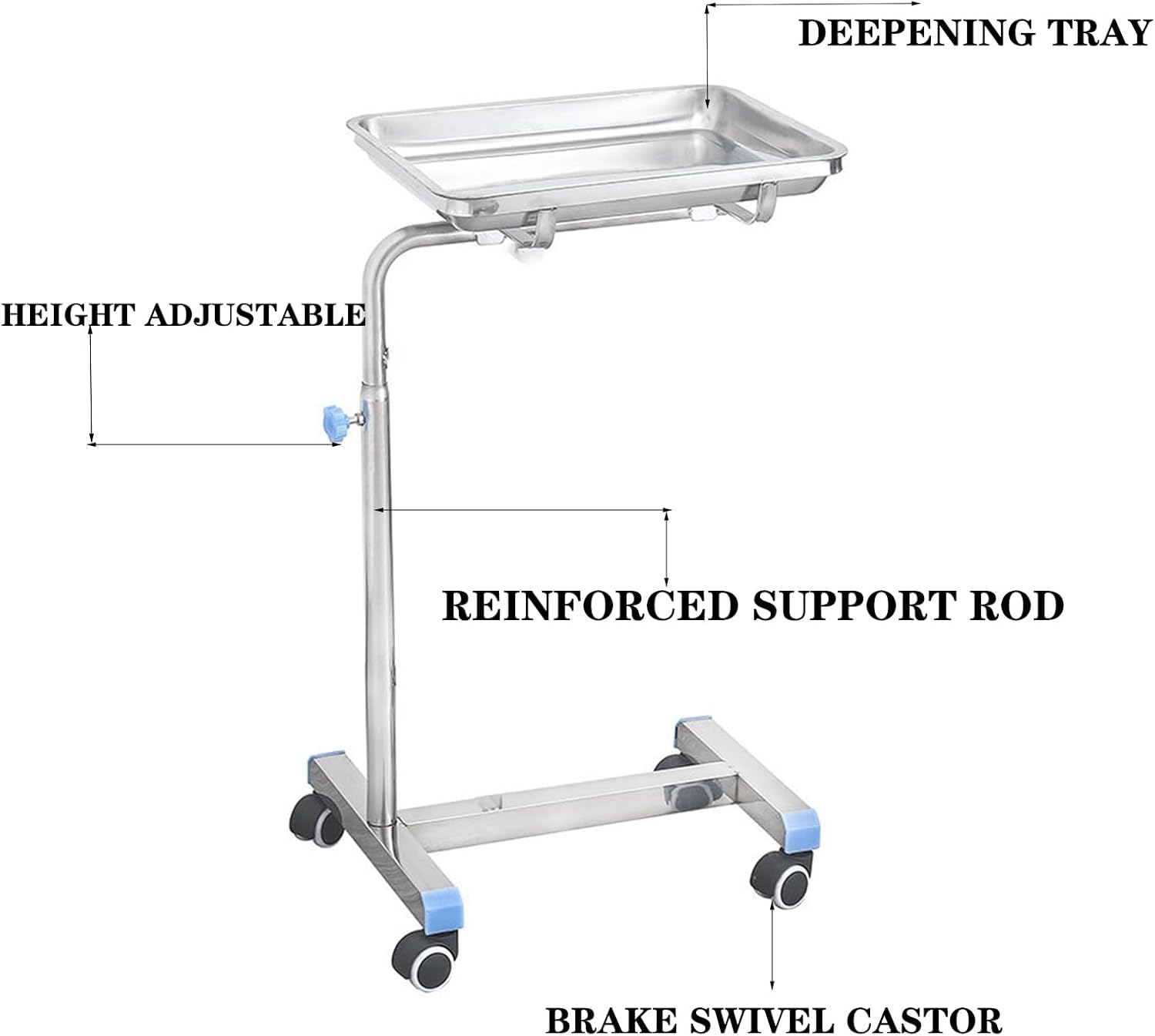 Lab Cart, Mobile Instrument Stand Mayo Portable Adjustable Tray, Steel Portable Adjustable Tray, Trolley Mayo Stand, Adjustable Height 33-49in with Removable Tray & 4 Wheels,Silver,A