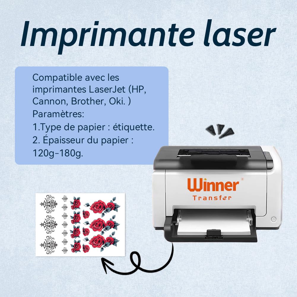 Papier Transfert Tatouage Temporaire Transparent A4, Impression Jet d'Encre & Laser, Lavable, Décalcomanie DIY, 5 Feuilles
