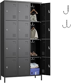 Metallschrank für Mitarbeiter, Schrank Spind Spint Schließfachschrank Metallschrank mit 12 Fächern/12 Haken/Etikettenhalter/Lüftungsschlitze/Metall Pulverbeschichtet 183X90X40CM, Schwarz
