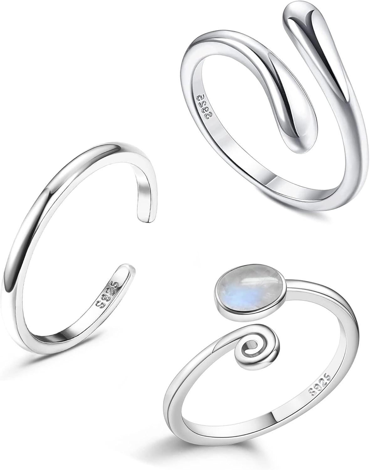 Jstyle 925 Sterling Silver Adjustable Toe Rings Set for Women - Turquoise Moonstone Open Band Beach Foot Jewelry