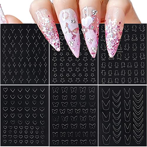 Changar 6 Sheets Hollow Out Nail Stencil Sticker For Nail Art Spray Paint Decals Star Butterfly Bear French Design Gel Polish Manicure Template #TOP7
