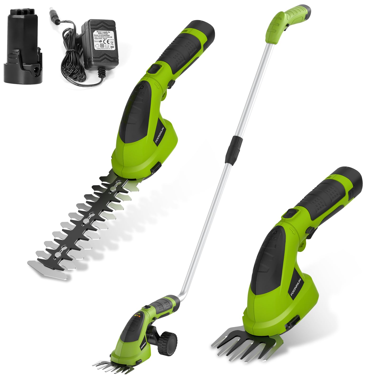 2 en 1 Tijera Cortacésped y Arreglasetos, FOONNUN Tijeras de Césped y Arbustos 7,2 V, Mango Giratorio de 180 °, Tijeras para Césped con Mango Telescópico y Ruedas, para Podar Césped, Arbustos y Setos