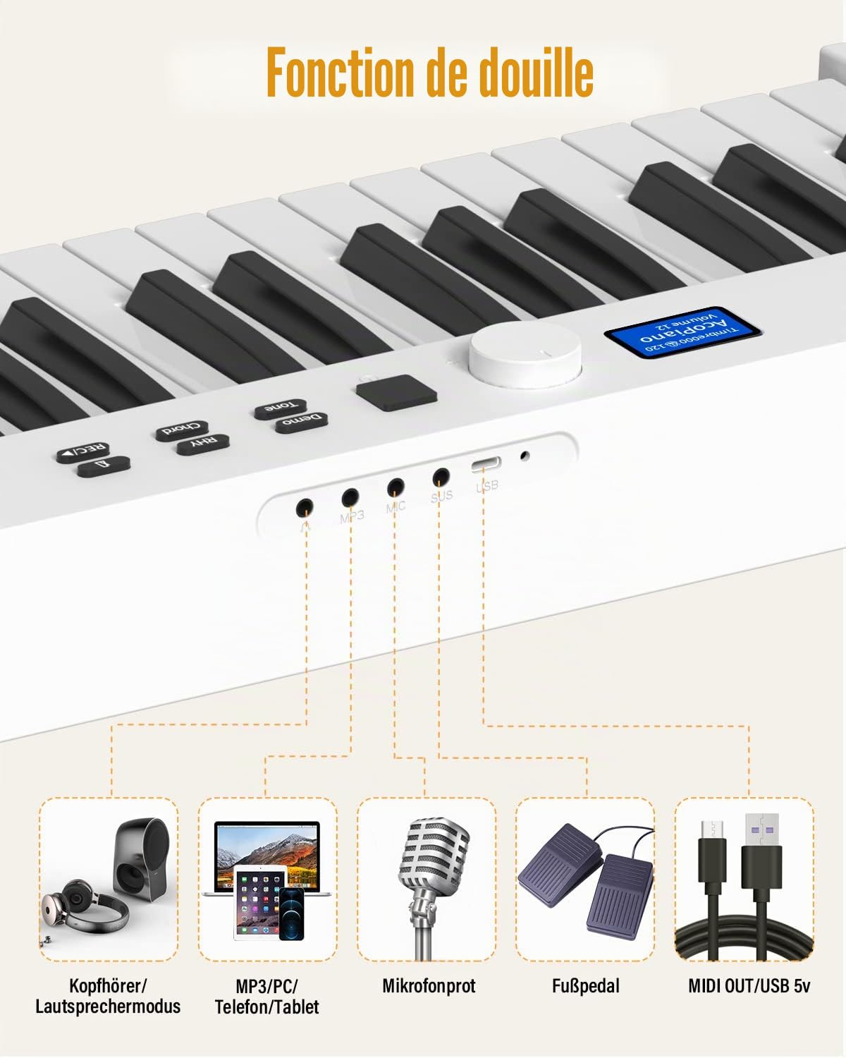 Piano pliable avec 88 touches avec écran LCD et boutons semi-lestés - Prise en charge MIDI Bluetooth - Clavier piano numérique avec sac de piano pour enfants - Cadeau d'anniversaire (blanc)
