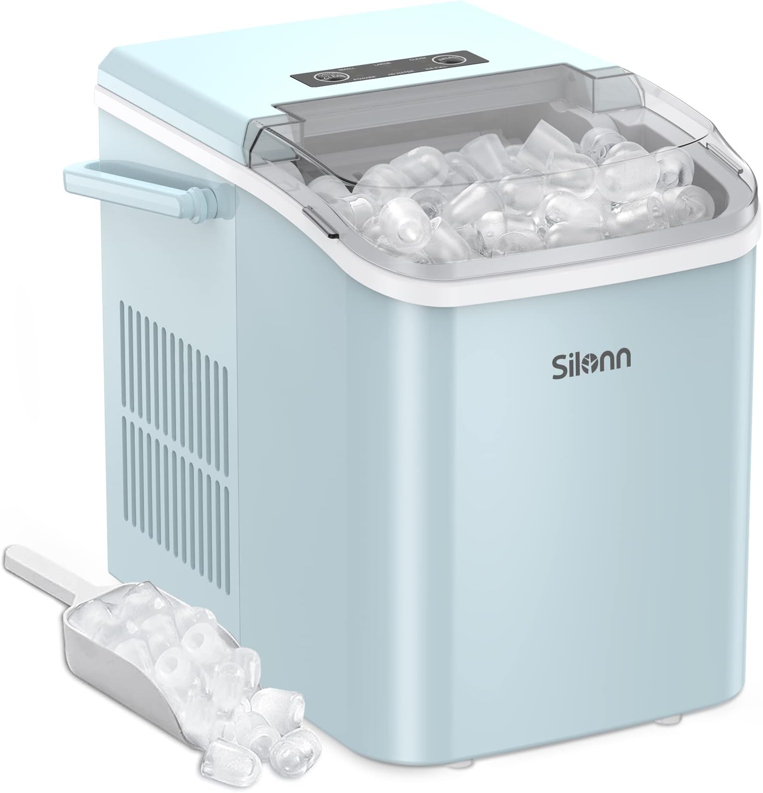 Silonn Countertop Ice Maker Machine with Handle, Portable Makers Countertop, Makes up to 27 lbs. of Per Day, 9 Cubes in 7 Mins, Self-Cleaning Scoop and Basket, Blue, 12 x 9 x 12 inches (SLIM06)