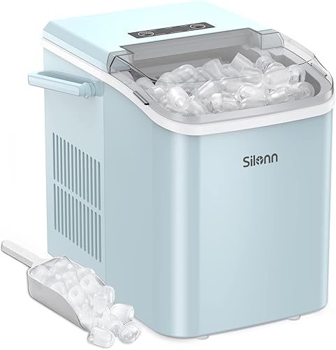 Miniatura 1 de Silonn Máquina para hacer hielo de encimera con asa, encimera portátil para hacer hasta 27 libras de por día, 9 cubos en 7 minutos, cuchara y cesta