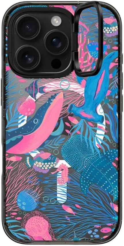 CASETiFY Impact Ring Stand Case for iPhone 16 Pro [Kickstand / 6.6 ft. 3X Military Grade Drop Protection/Compatible with Magsafe] - Under the Sea - Clear Black