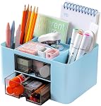 Desk Organizer Office with Drawer Pen Holder for Storage Box Accessories Organizers and Home School Multifunctional with 4 Compartments 2 Drawers Cute Plastic for Makeup Desktop Storage Organization