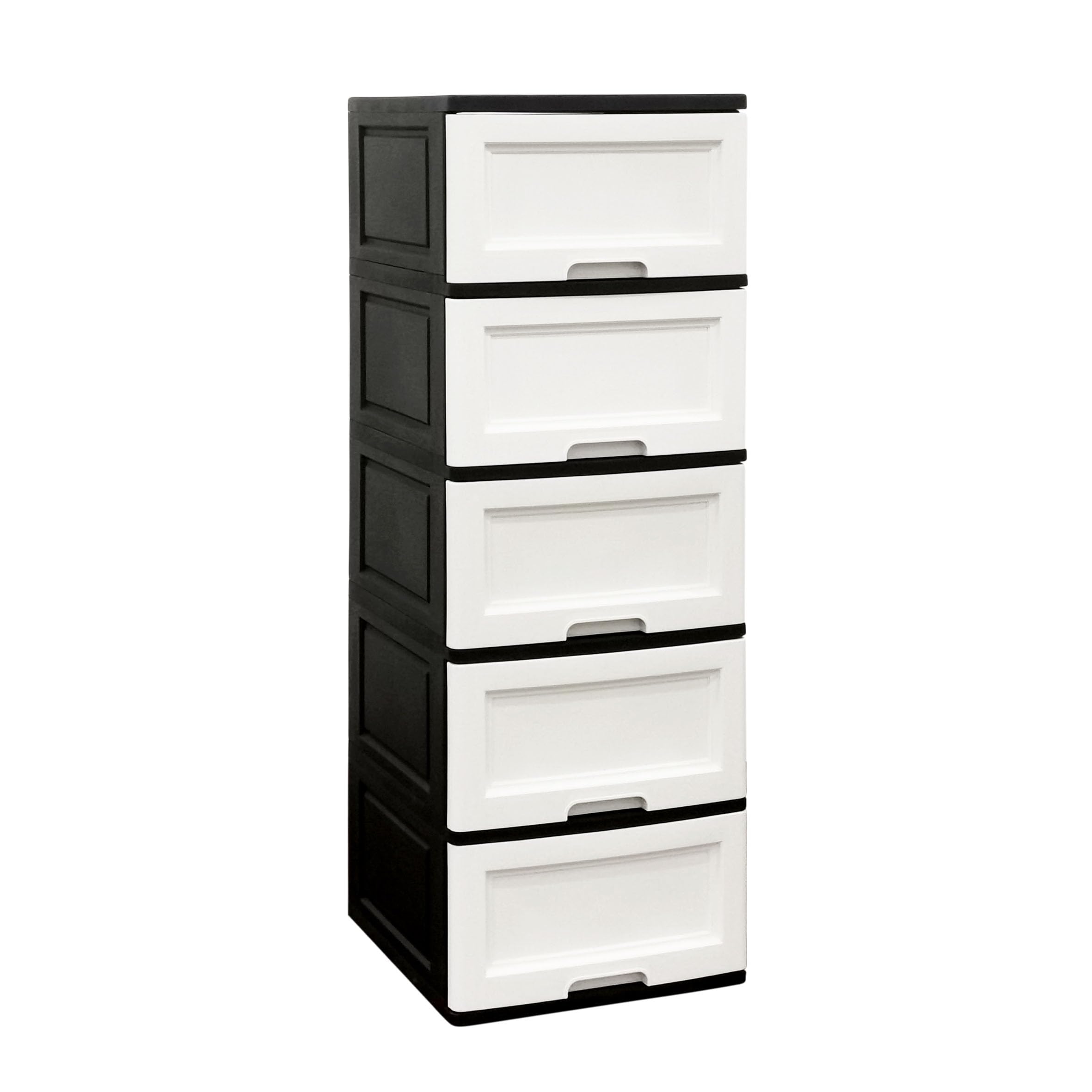 ABBAware Kommode 44x50x127 cm mit 5 großen XXL Schubladen, 40 Liter pro Schublade, in edlen Schwarz/Weiß Farben und feiner Kiefernholz-Optik der Umwelt zuliebe aus recyclebarem PP Kunststoff