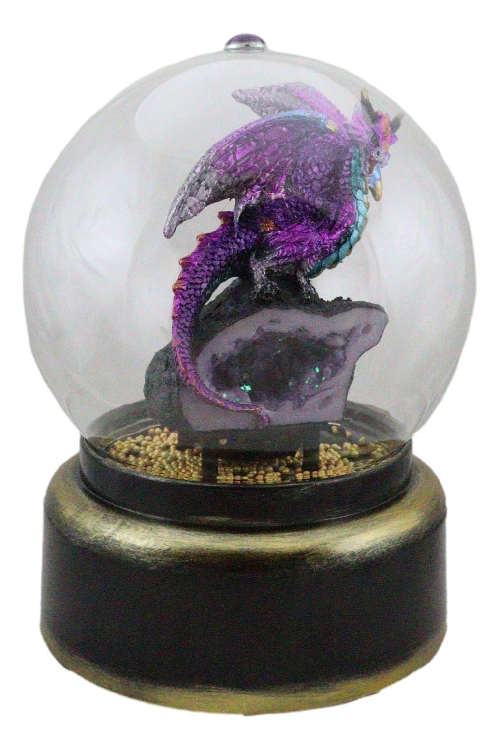 Ebros Gift Metallic Iridescent Guardian Dragon Golden Glitters Air Powered Musical Globe Dungeons and Dragons Collectible Figurine (Purple Drake On Faux Geode Crystal Rock)