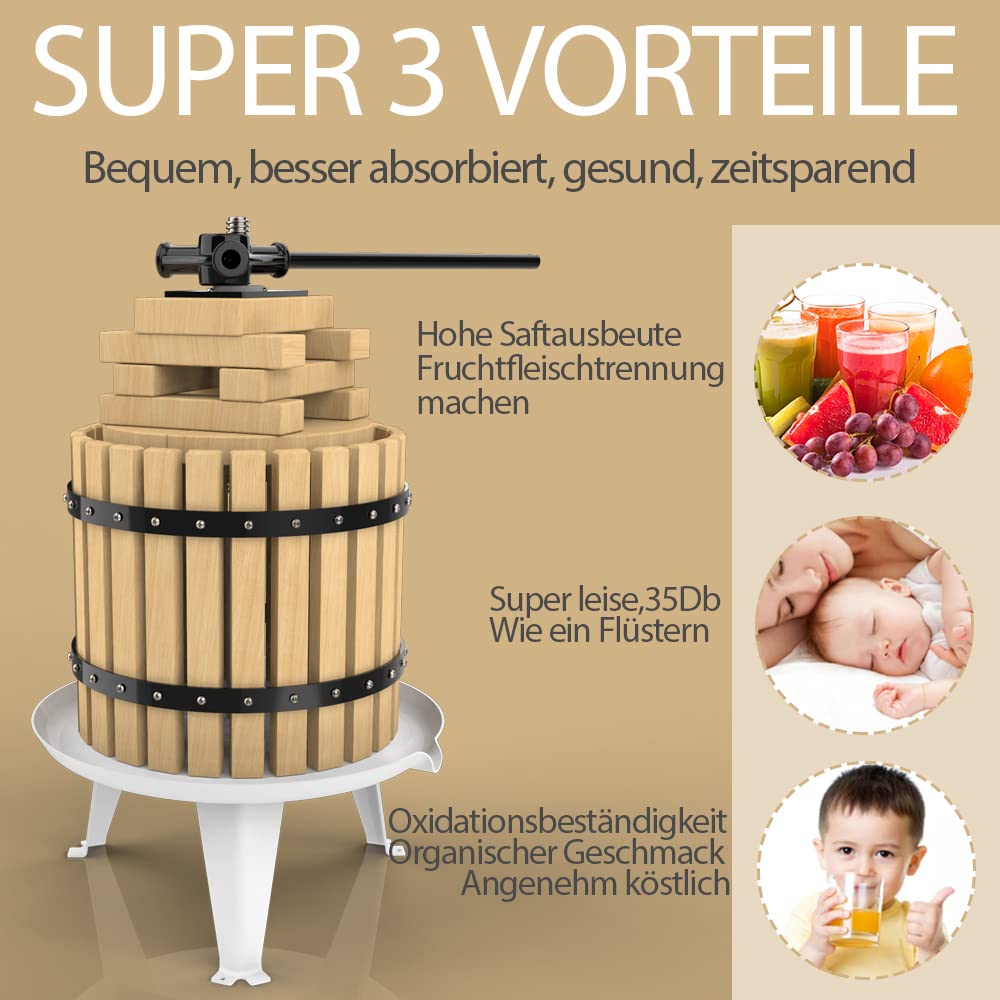 Prensa de frutas de 12 litros, con cesta de madera para zumo natural, uva, baya, manzana, prensa de frutas, prensa de vino, incluye red de prensado gratuita