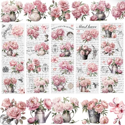 WANDIC 5 hojas de calcomanías de transferencia para frotar, calcomanías de flores de peonía vintage, calcomanías retro de flores rosas para manualidades, álbumes de recortes,10 x 30 cm