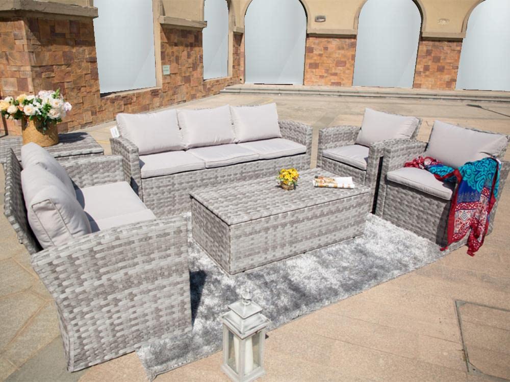 Ondis24 Gartenmöbel Set Sacramento, Sitzgruppe für 7 Personen, Gartenset mit Tisch Sitzkissen, Balkonmöbel Essgruppe Garten, Lounge Sitzgarnitur